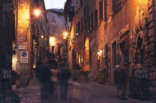 Busy street scene at night, Montepulciano