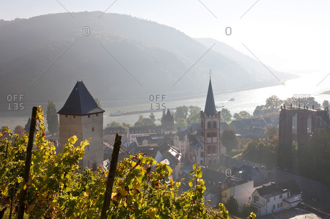 The town of Bacharach with the Rhine in the background, Germany