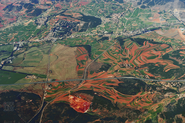 Aerial view of Red Earth area in Yunnan, China