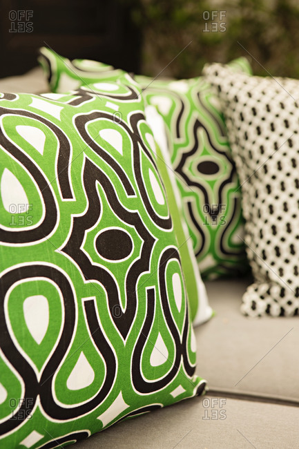 Patterned throw pillows on a couch