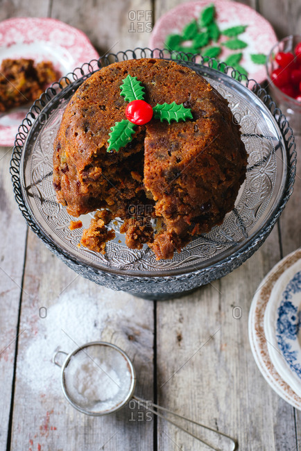 British Christmas pudding on wooden table