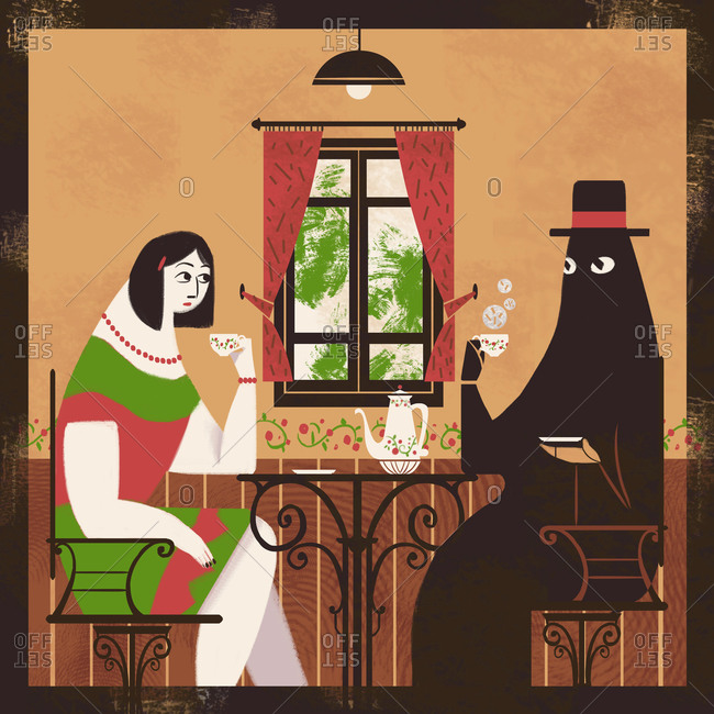Woman sharing a cup of tea with a mysterious figure