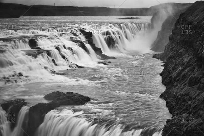 Gullfoss waterfall in Iceland in black and white