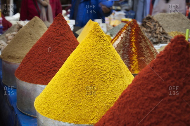 Colorful spices in a market in Morocco
