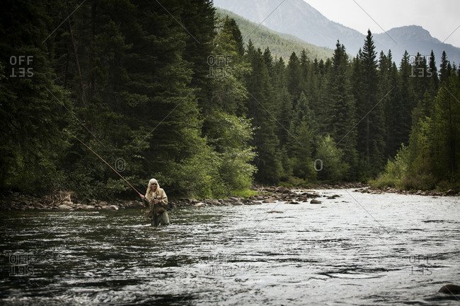 Fly fisherman leans back as he casts his lure