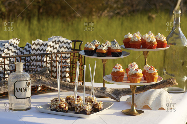 Crisped rice treats and cupcakes set on a table outdoors