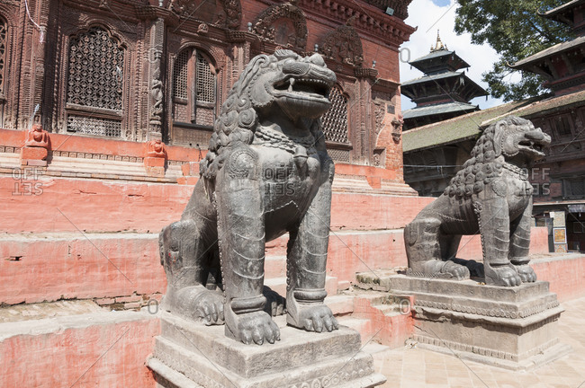 Two bronze lion sculpture Durbar Square Kathmandu