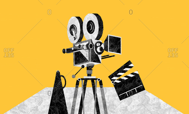 Movie camera and clapperboard