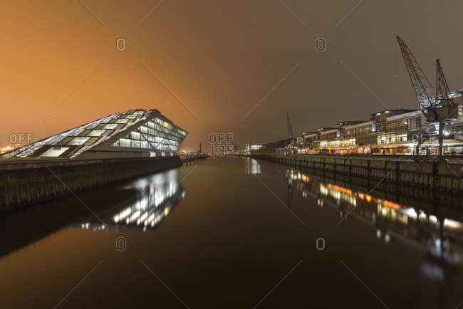 Modern architecture at Dockland at night, Hamburg