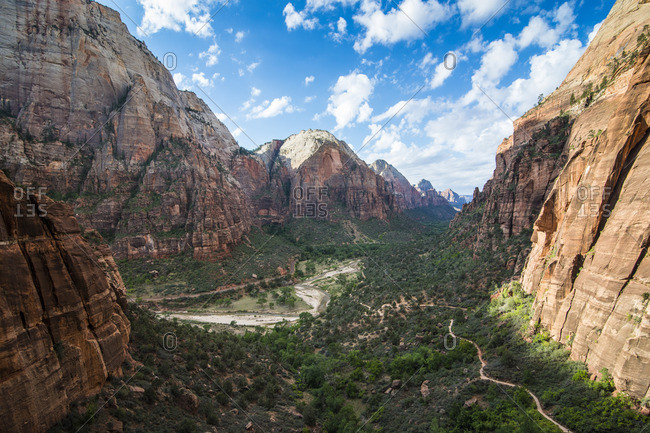 View over the cliffs of the Zion National Park and the Angel\'s Landing path, Zion National Park, Utah, United States of America, North America