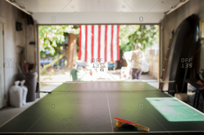 Ping pong table in a garage