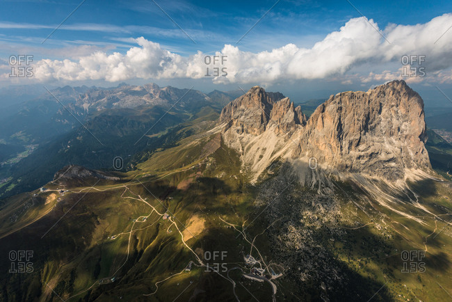 The Langkofel group seen from above the Sella group, Trentino, Italy