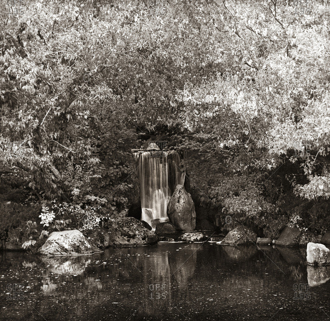 A water fall at the Nikka Yuko Japanese Garden in Lethbridge, Alberta