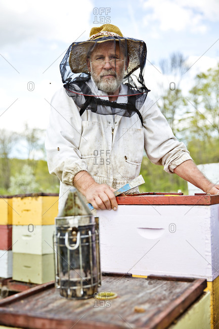 Beekeeper wearing mask and standing with bee hives