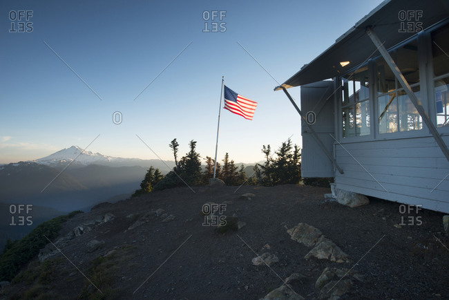 An American flag on a mountaintop in Washington state