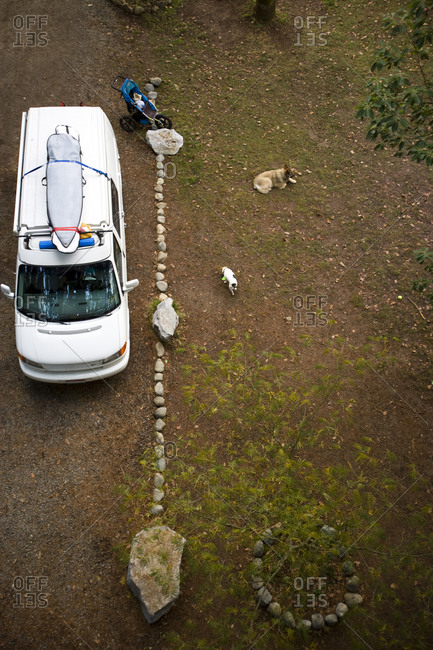 Aerial view of a van taken from the canopy of a tree. Oregon