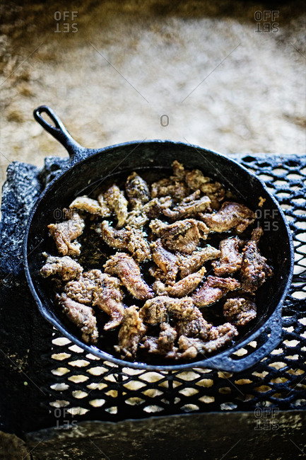 Grilled squirrel meat in a cast iron skillet