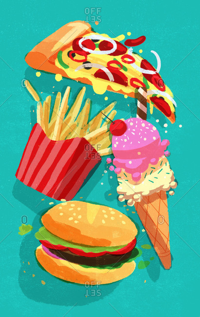 Pizza, ice cream burger and french fries