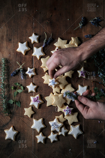 Iced star cut-out cookies with flowers