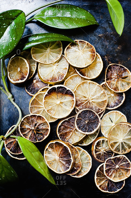 Pile of dried lemon slices and leaves