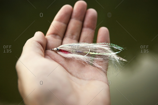 Man holding fly fish in hand