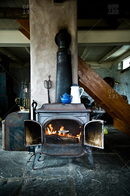Wood burning stove in a kitchen