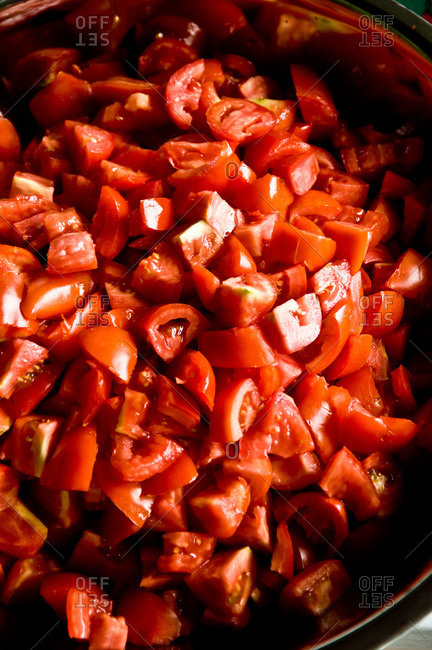 Close up of pot filled with diced tomatoes