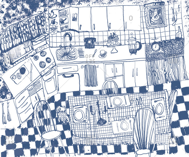 Drawing of a kitchen with table setting