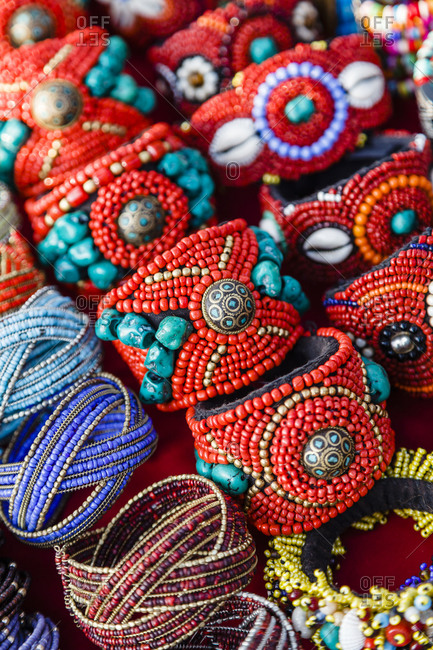 Detail of bracelets at the Tibetan Market in in Anjuna, Goa, India