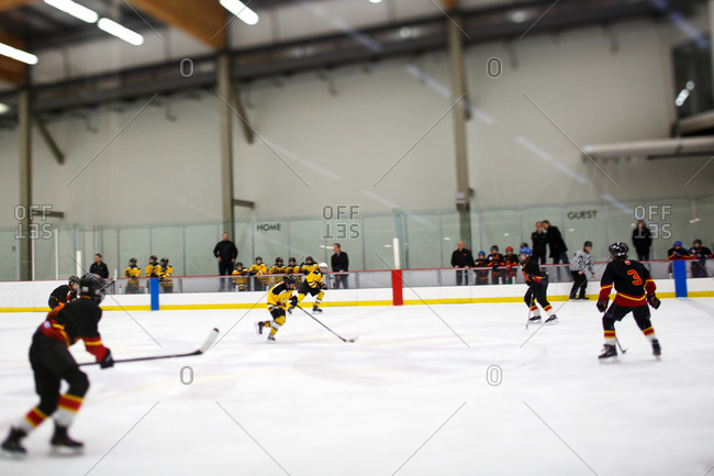 Two pee-wee hockey teams compete on the ice