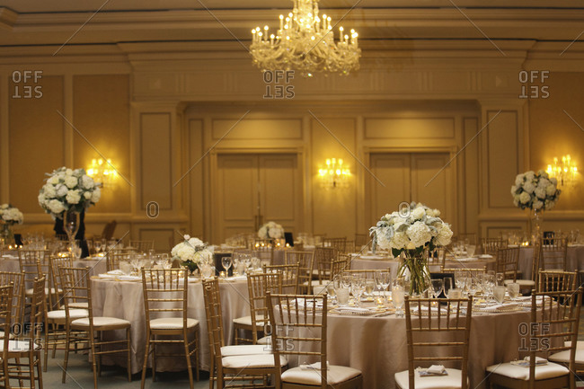 A banquet hall decorated for a wedding