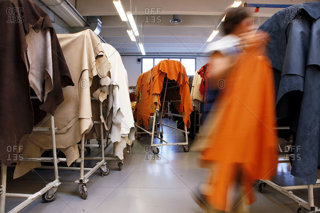 Dyed leathers in a furniture factory in Italy