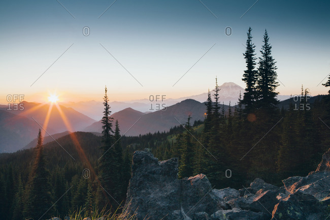 Sunset over the Cascade Range of mountains at Goat Rocks Wilderness