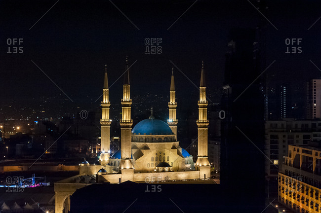 The Mohammed Al-Amin mosque in Beirut, Lebanon at night