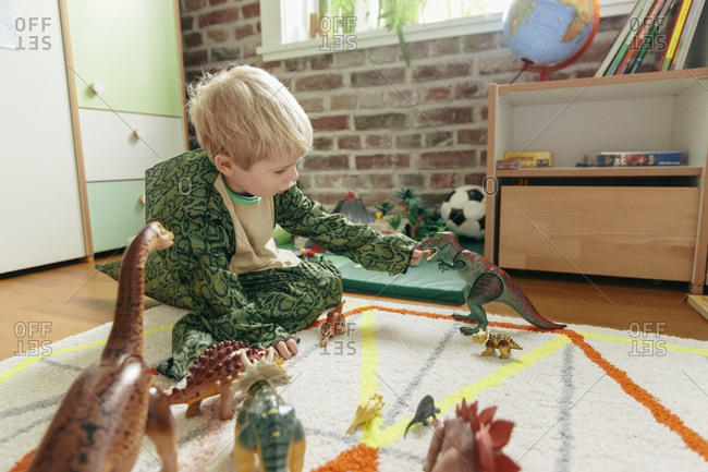Little boy wearing dinosaur costume playing with toy dinosaurs