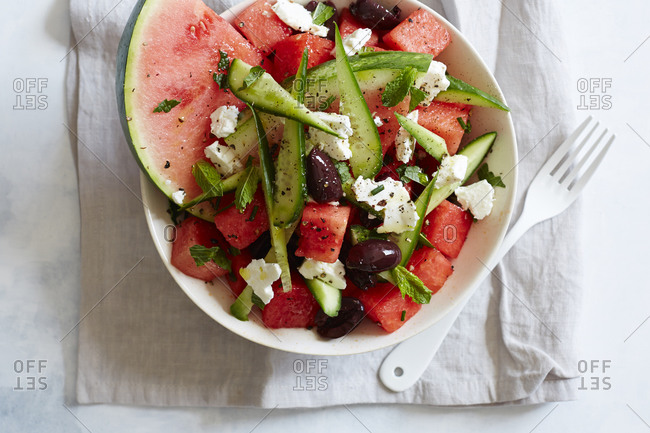 Watermelon salad with veggies and beans