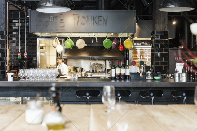 The open kitchen of a restaurant