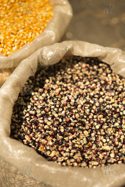 Bushels of grains in market in Guatemala