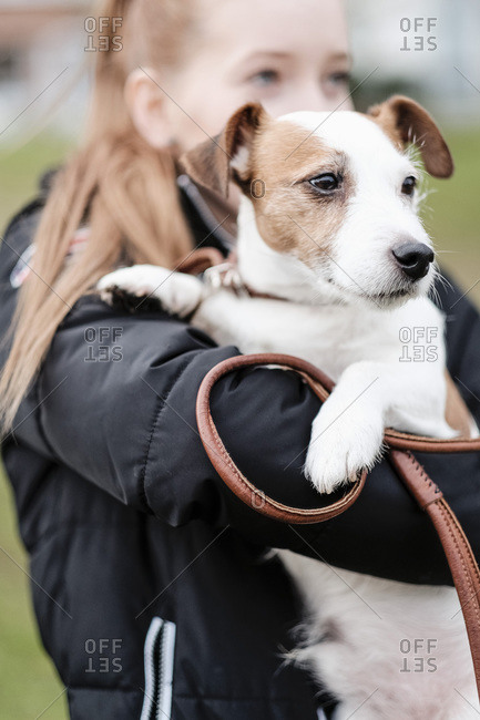 Teenage girl carrying a puppy at park