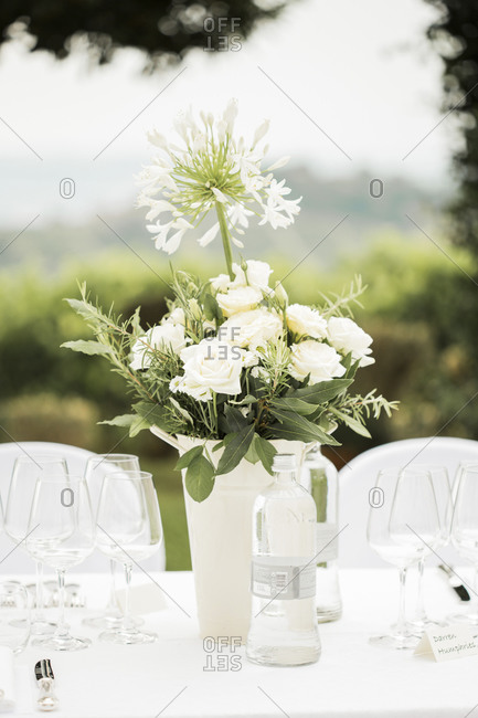 Flower bouquets at a wedding reception
