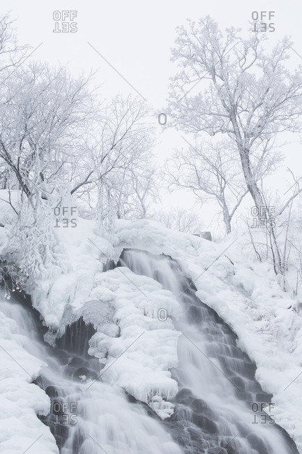Frozen waterfall in Japanese landscape