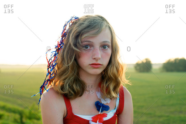 Portrait of a girl in red, white, and blue on the Fourth of July