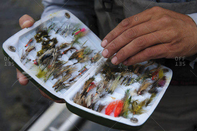A fly fisherman examines his fly box