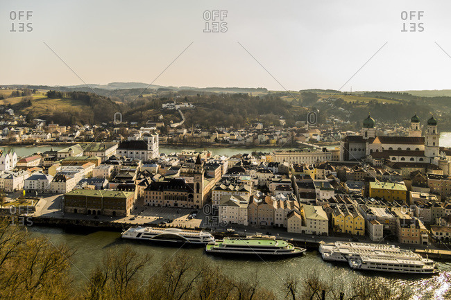 View to city with Inn River and Danube River from castle, Passau