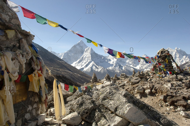 Windblown prayer flags at the Mount Everest, Nepal