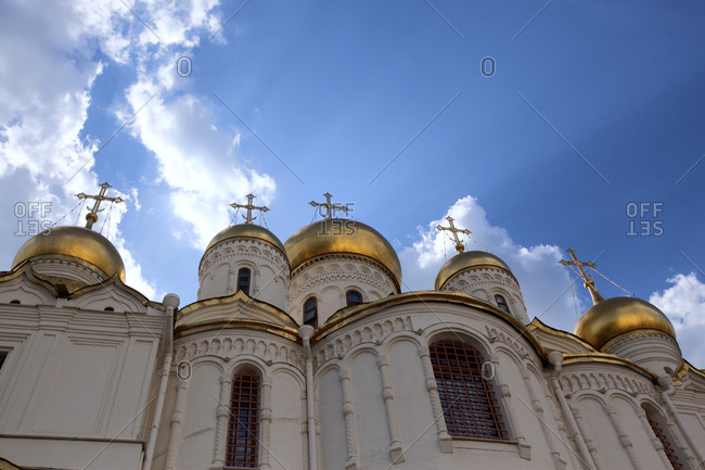 Golden domes inside the Kremlin in Moscow, Russia