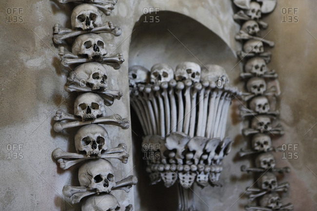 Skulls and bones inside the Sedlec Ossuary, Kutna Hora, Czech Republic