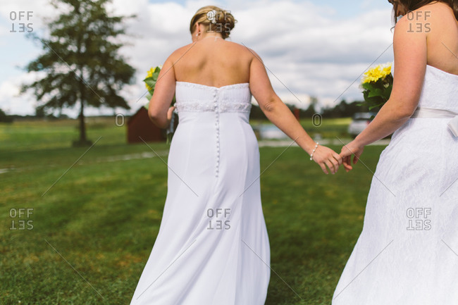 Happy brides holding hands on farm