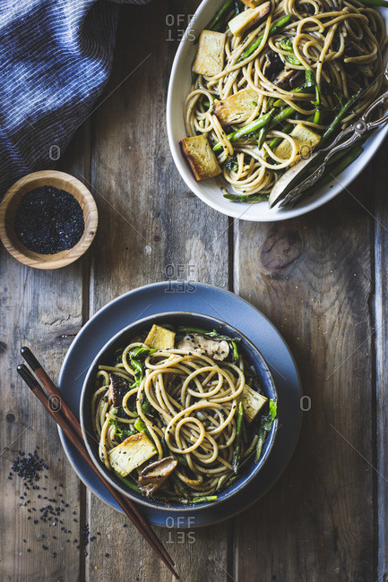 Sesame noodles with tofu and vegetables from above