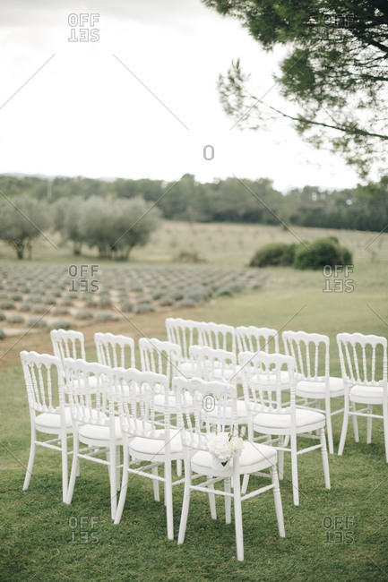 Chairs set up for wedding on a farm